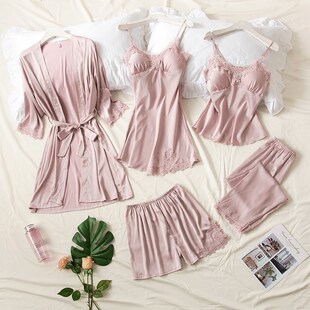 春秋睡衣女性感五件套装丝绸薄款睡裙夏天冰丝女士睡袍带胸垫夏季