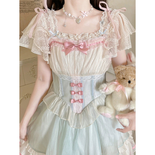 罗莉塔裙lolita内搭薄纱荷叶袖方领短袖网纱蕾丝衫上衣女夏季内衬