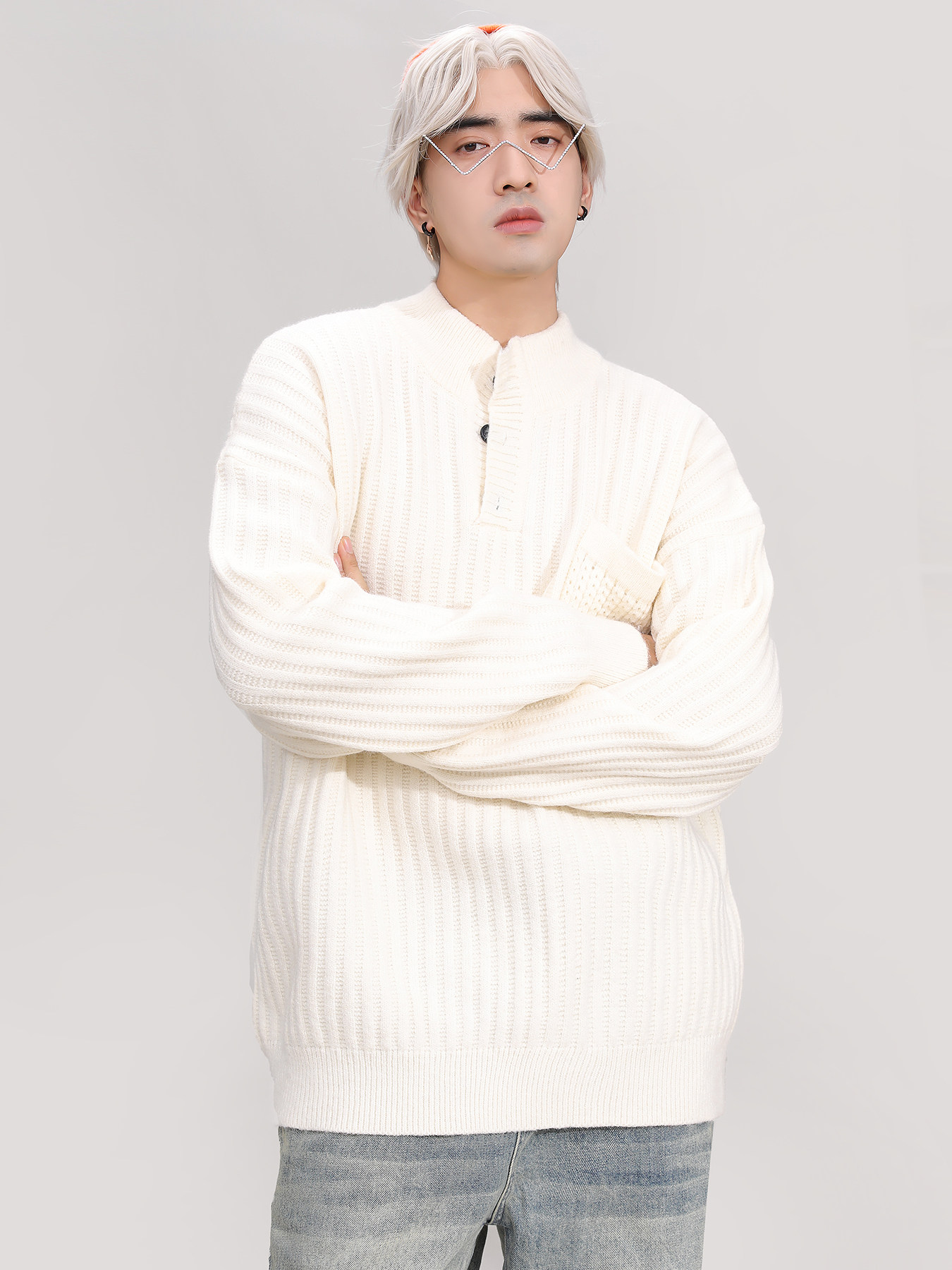 AUTUMN AND WINTER HENLEY COLLAR SWEATER BOYS BLACK TRENDY LOOSE PULLOVER LAZY STYLE THICKENED KNIT JACKET