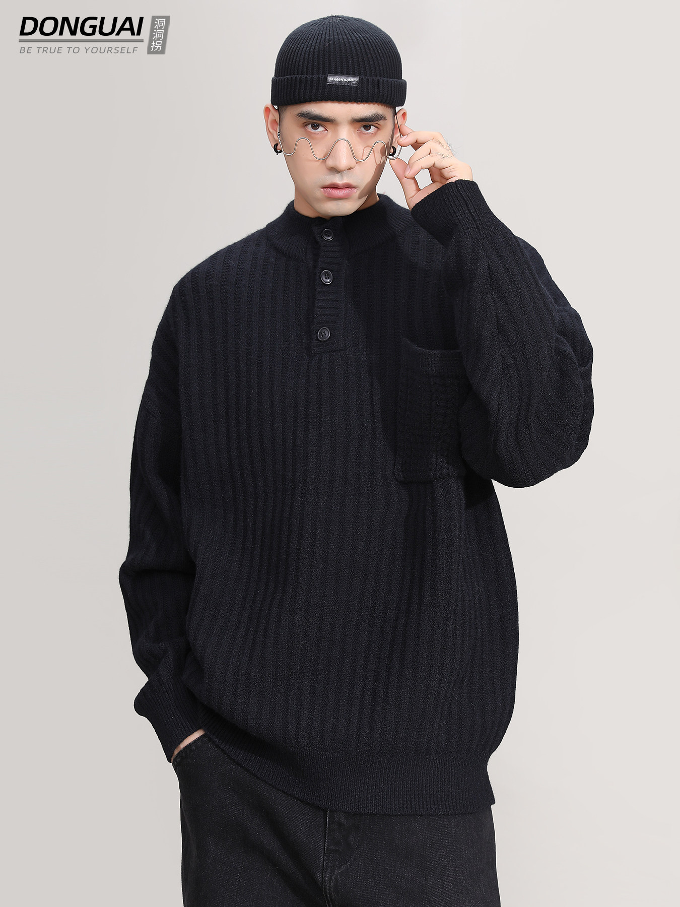 AUTUMN AND WINTER HENLEY COLLAR SWEATER BOYS BLACK TRENDY LOOSE PULLOVER LAZY STYLE THICKENED KNIT JACKET