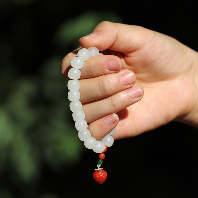 经典款新疆和田玉手链女羊脂白玉老型珠桶珠玉石链子草莓diy手串