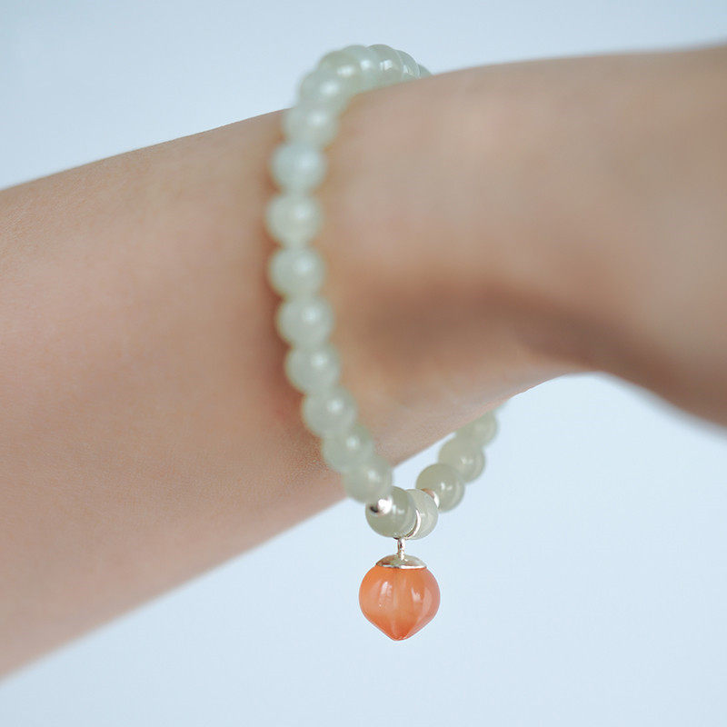 女款和田玉青白玉手串 南红玛瑙桃子吊坠手链 6mm圆珠浅晴水手链