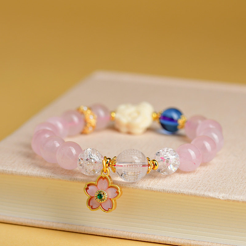 天然水晶粉晶手串五瓣花吊坠清新女原创设计景区手链