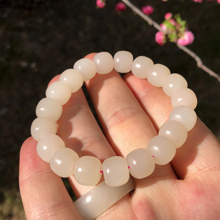 天然正品和田玉手链少女款藕粉老型珠珠串10mm白玉手串浓粉玉链
