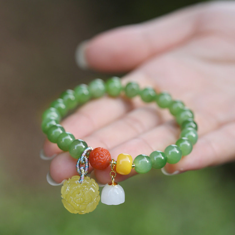 天然和田玉手串女碧玉珠DIY蜜蜡花坠南红回纹玉石单圈手链手饰8mm