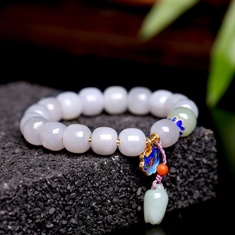 高品质天然和田玉烟紫色手串女老型珠青玉兰花玉石景泰蓝单圈手链