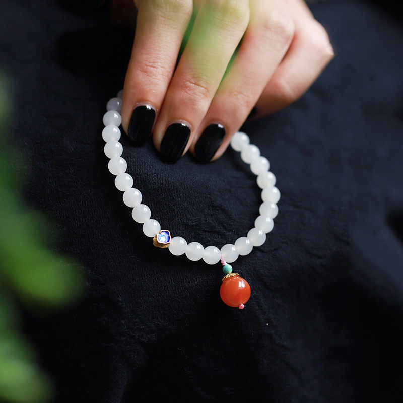 女款和田白玉手串配柿子红南红吊坠手链 婉民族风