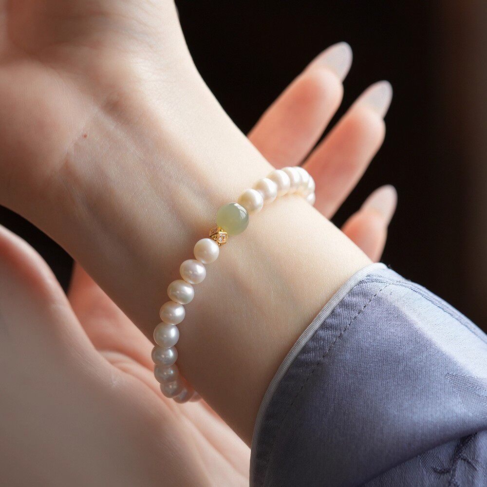 《绾绾》天然和田玉手串施家珍珠手链女款高级感玉石手饰