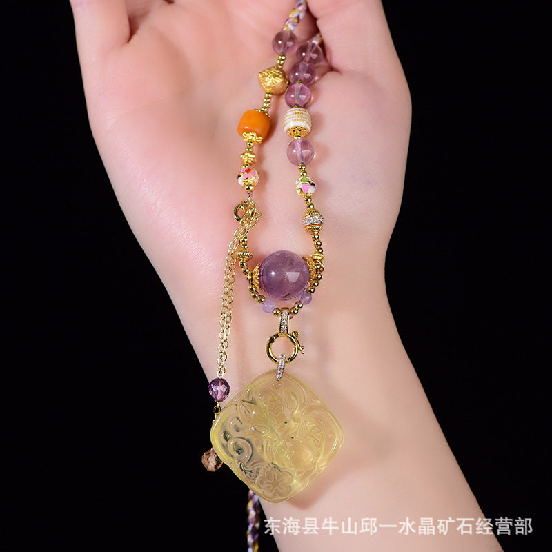原创天然紫水晶项链绳黄水晶四叶草九尾狐牌吊坠女时尚百搭转运珠
