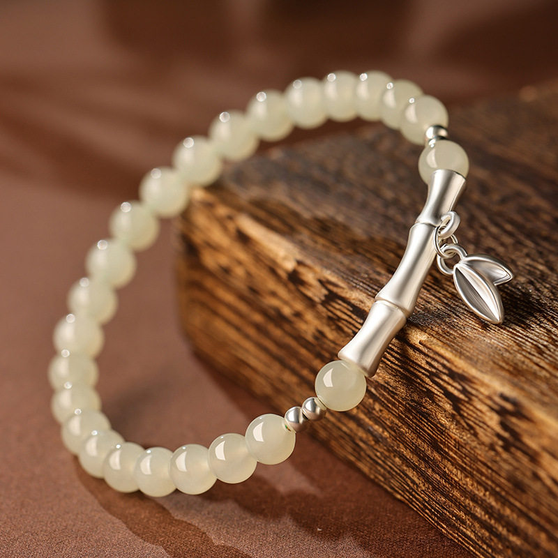 天然和田玉手串女纯银竹节手链女生玉石珠子串珠手饰转运轻奢小众