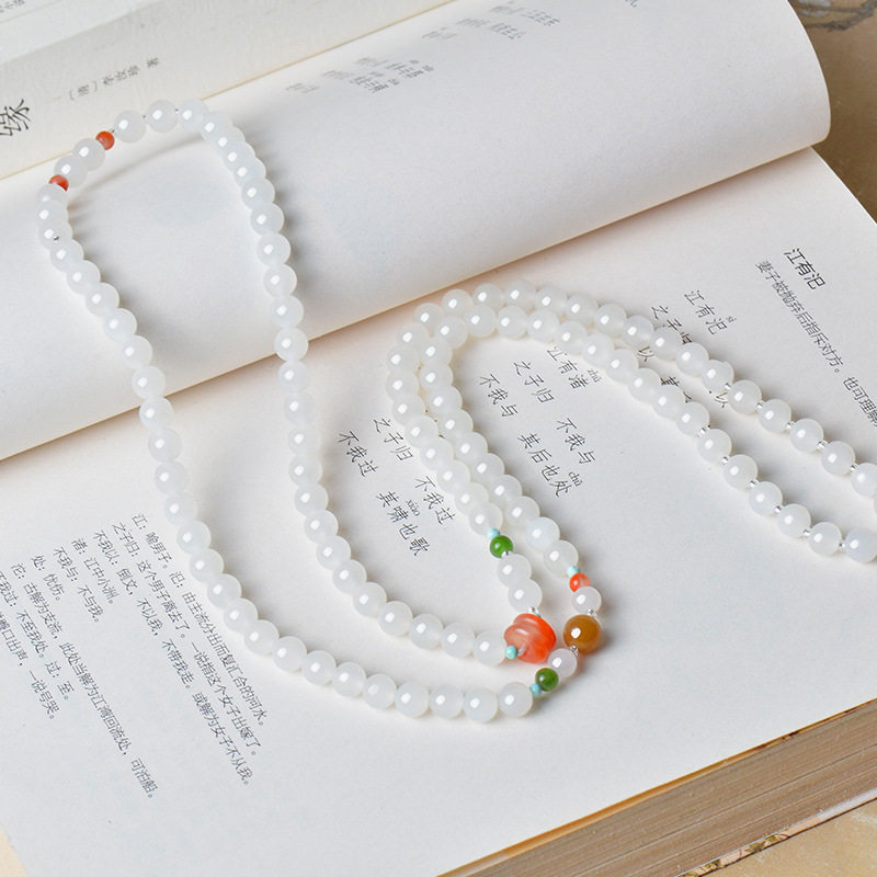 天然和田玉白玉多圈手链女款天然玉石项链女士手串圆珠直径6mm