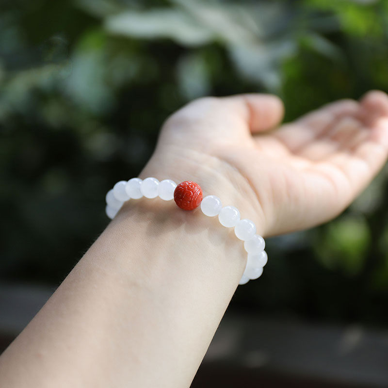 和田白玉南红回纹珠本命年手串8mm圆珠油润配柿子红转运念珠
