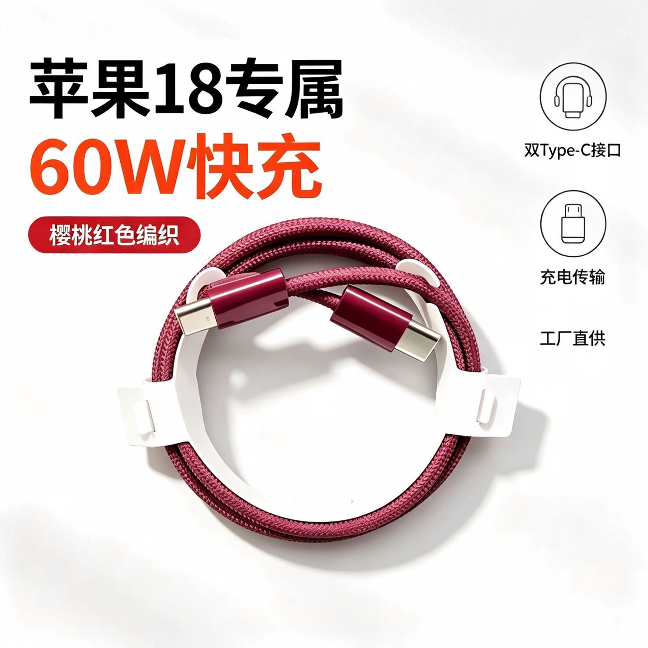 顺岛正品适用苹果18系列快充60W数据线iPhone18Pro酒红编织双typeC充电线快充不伤机苹果18Promax1米线