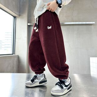 NYZK男童裤子加绒秋冬款暗红色男大童洋气时髦2024新款儿童打底裤