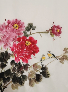 手绘写意国画牡丹水墨画斗方花鸟中国画客厅玄关装饰画五幅包邮