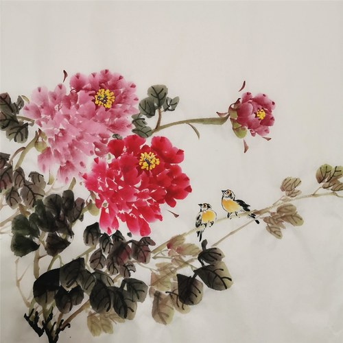 手绘写意国画牡丹水墨画斗方花鸟中国画客厅玄关装饰画五幅包邮