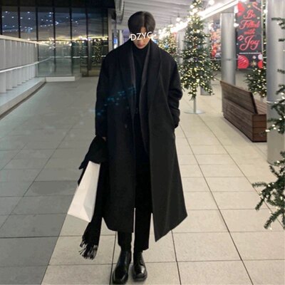 敦刻尔克毛呢大衣男中长款秋冬黑色过膝教父风衣cleanfit呢子外套