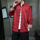 结婚礼服兄弟团古装 中国风春秋长袖 红色表演盘扣唐装 衬衣汉服上衣