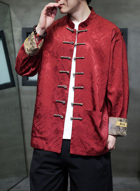 中国风春秋长袖红色表演盘扣唐装结婚礼服兄弟团古装衬衣汉服上衣