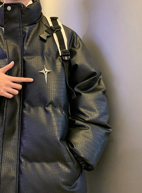 国潮美式白色皮衣棉服外套男潮牌宽松立领面包服加厚保暖棉衣夹克