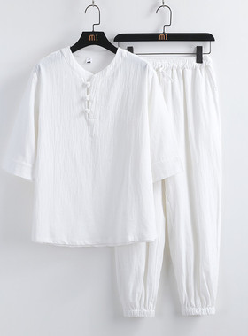 春夏季新款海青居士男女套装打坐白色棉麻道服佛系禅修服大码禅意