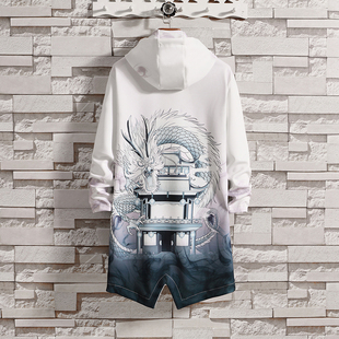 中国风外套男秋冬中长款连帽风衣男士大码古风汉服浮世绘道袍披风