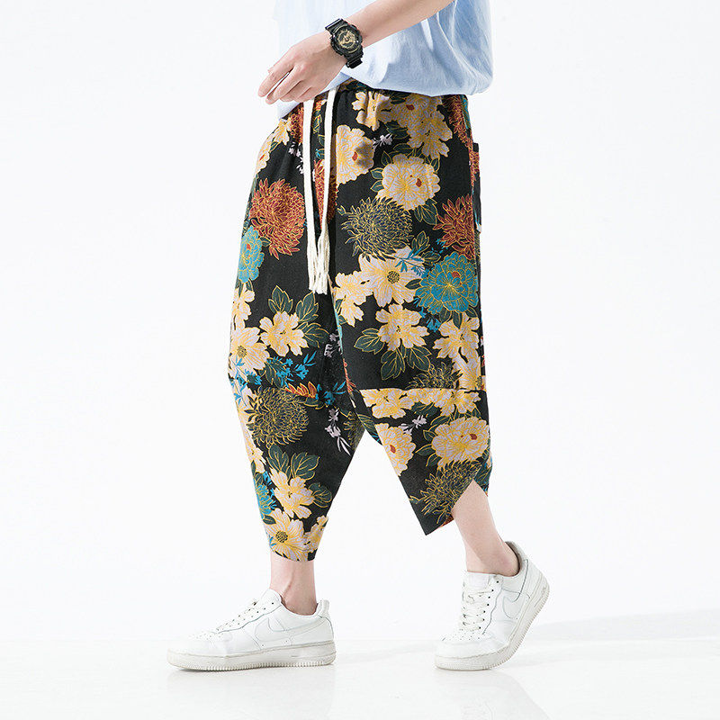 民族风复古碎花七分裤男加肥大码宽松潮牌胖子夏季沙滩灯笼阔腿裤