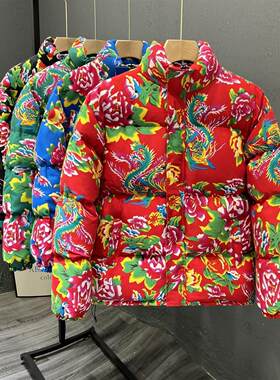 潮红色褂子东北大花羽绒棉服男个性复古花印花保暖花色面包服外套