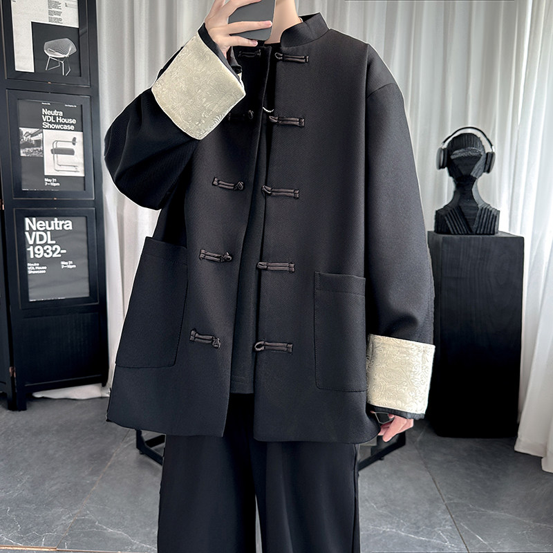 新中式男装西服外套春秋复古立领盘扣设计感小众西装宽松古风男款
