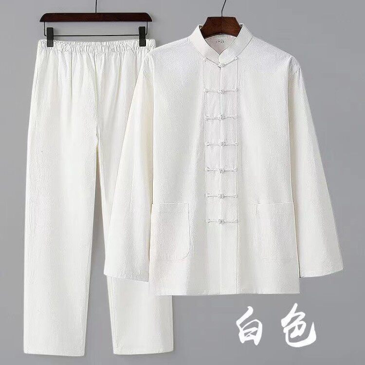 唐装男款中老年夏装薄款棉麻长袖上衣中国风中式复古男装亚麻套装