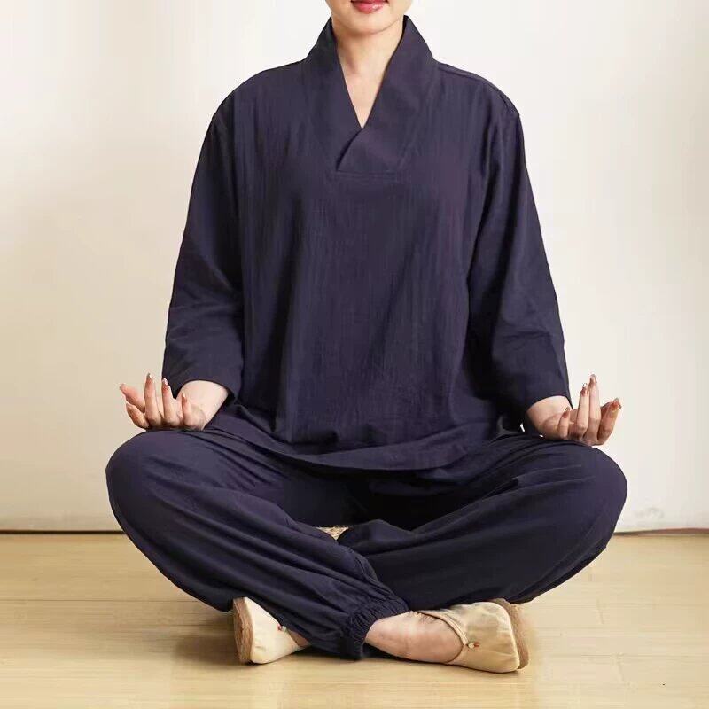 居士服女款夏季V领七分袖棉麻女装寺院师傅服装禅修打坐修行服男