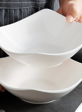 纯白简约四角盘子菜盘家用高颜值陶瓷碗盘沙拉盘深汤盘可微波炉