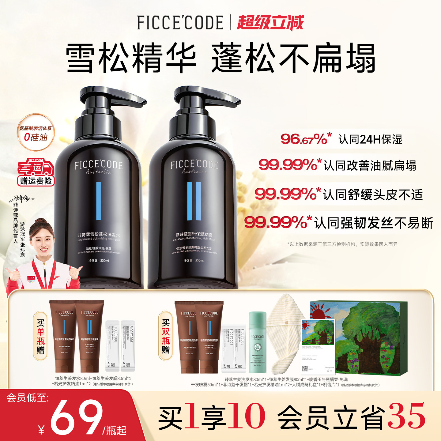 菲诗蔻雪松洗发水去屑止痒控油蓬松洗头膏露改善毛躁干枯洗护套装