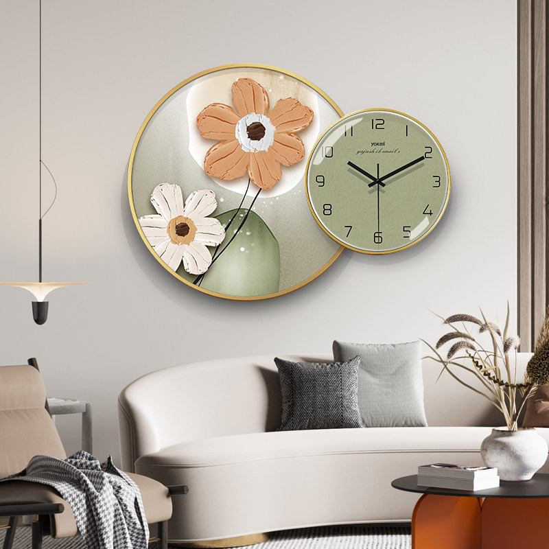 餐厅挂钟家用时尚创意花卉钟表简约现代客厅装饰画静音时钟挂墙画