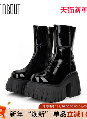 just about秋冬黑色马丁靴女通勤显瘦女靴小个子高跟靴粗跟不累脚