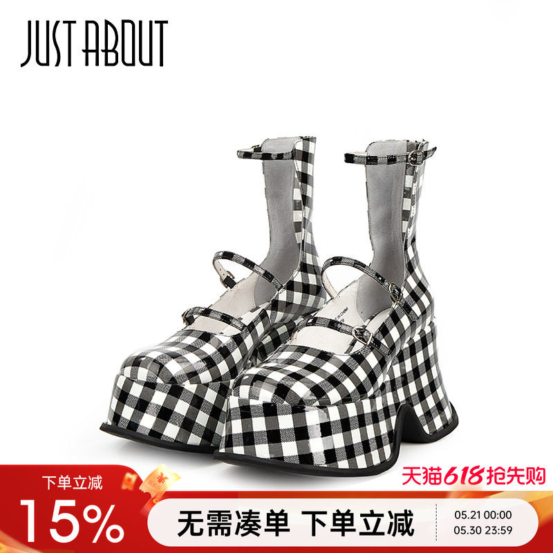 just about夏季新品时尚厚底粗跟黑白格子条纹鬼马机灵罗马靴子女