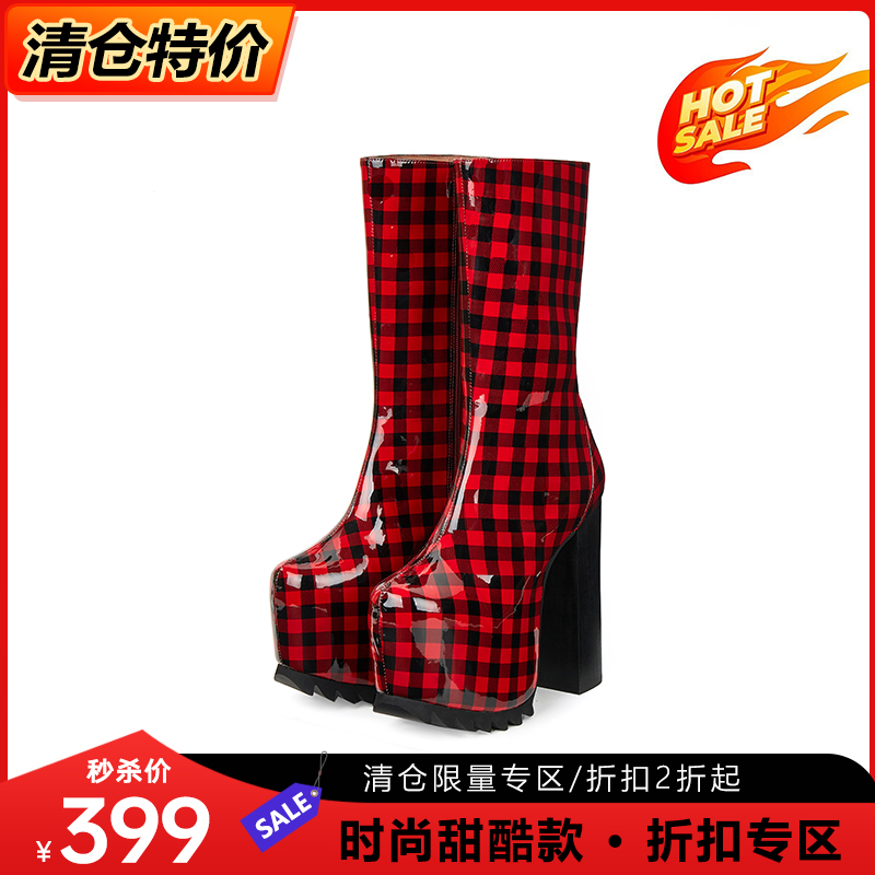 冬季新款红色格子时装靴