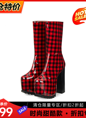 just about新款尖头厚底高跟靴原宿街头红色格子增高粗跟时装靴