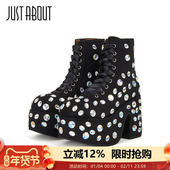 just about秋冬水晶圆头黑色防水台粗高跟靴时尚 短靴街拍马丁靴女