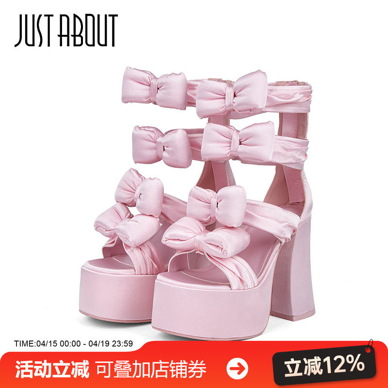 just about少女心粉色蝴蝶结时尚粗跟凉鞋高防水台走秀款高跟鞋