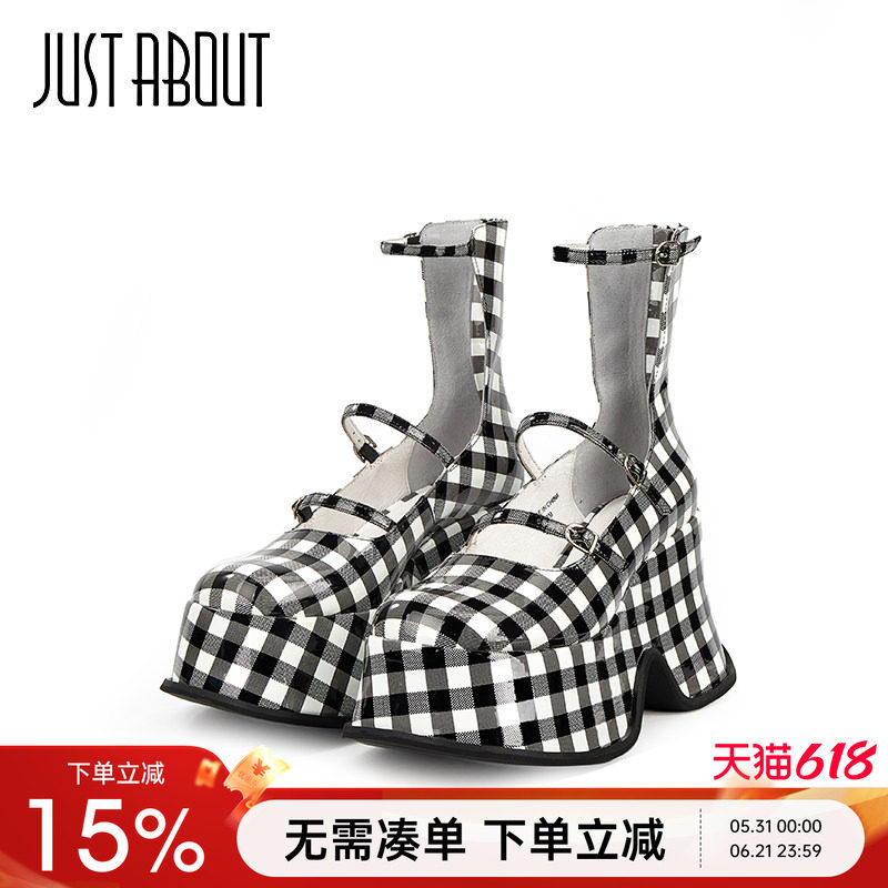 just about夏季新品时尚厚底粗跟黑白格子条纹鬼马机灵罗马靴子女