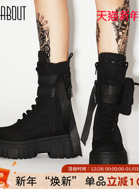 just about高帮鞋复古马丁靴街头帅气系带厚底短靴女黑色潮ins风
