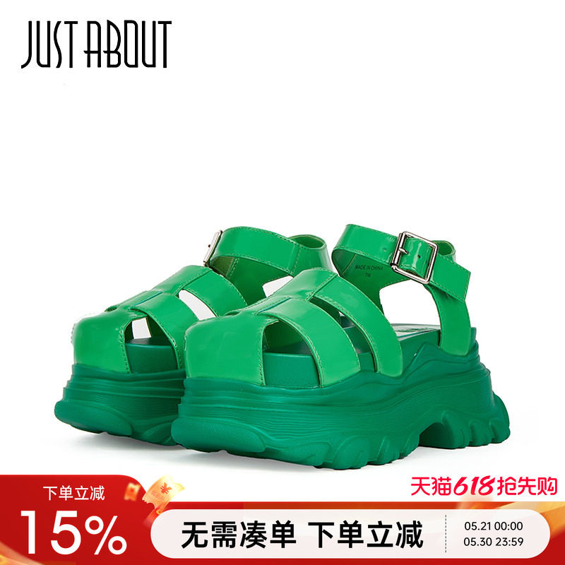 just about新品绿色罗马凉鞋厚底百搭松糕包头休闲沙滩鞋ins潮女