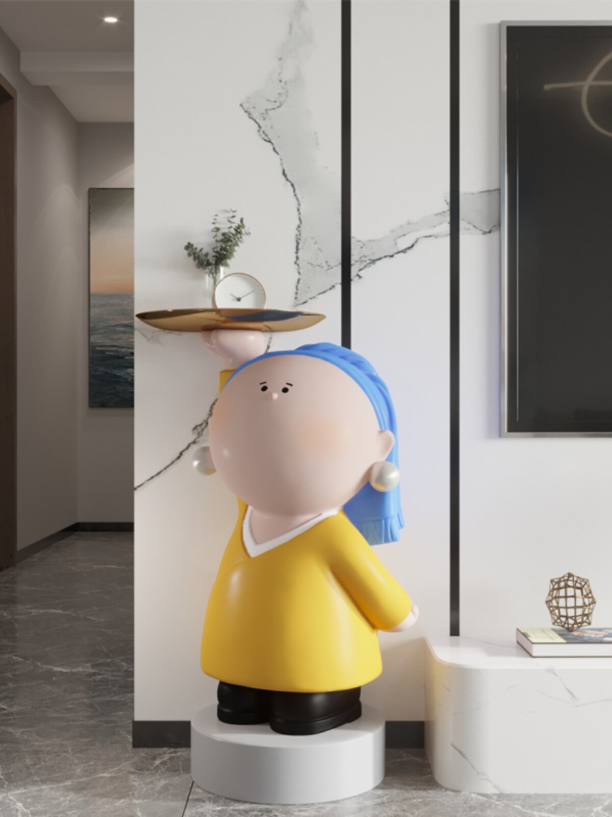 戴带珍珠耳环的少女客厅大型落地托盘新婚乔迁送礼物装饰品大摆件