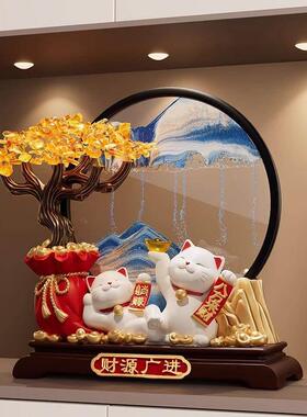 日本发财树招财猫流沙画 画摆件客厅玄关店铺前台装饰品乔迁开 业