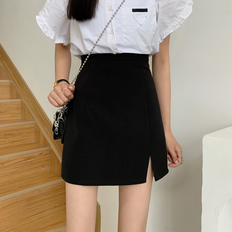 高腰a字短裙女2022夏季韩版潮流女士黑色显瘦半身裙开叉包臀裙子