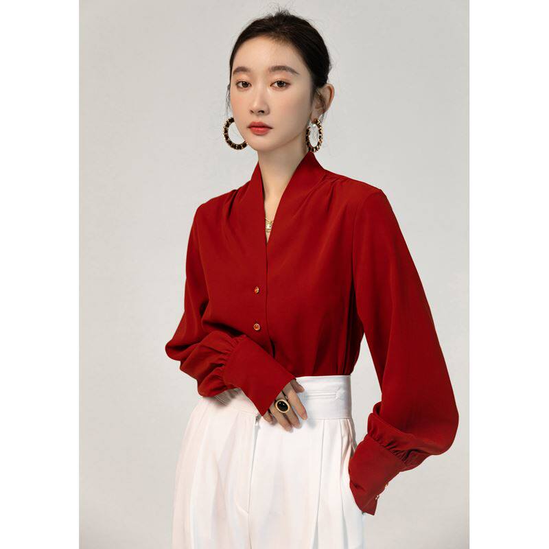 miss snail复古高级感红色法式衬衫女秋装港风新中式上衣衬衣女装