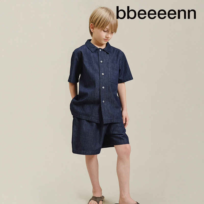 bbeeeenn牛仔短袖衬衫短裤套装夏男女儿童舒适高级感上衣裤子套装