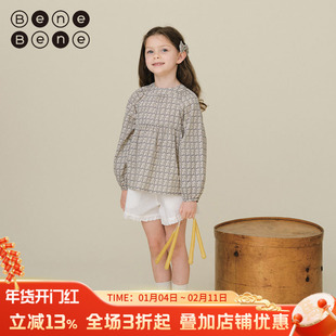 benebene复古纯棉印花衬衫春季新款女童雪纺衫长袖打底上衣衬衣女
