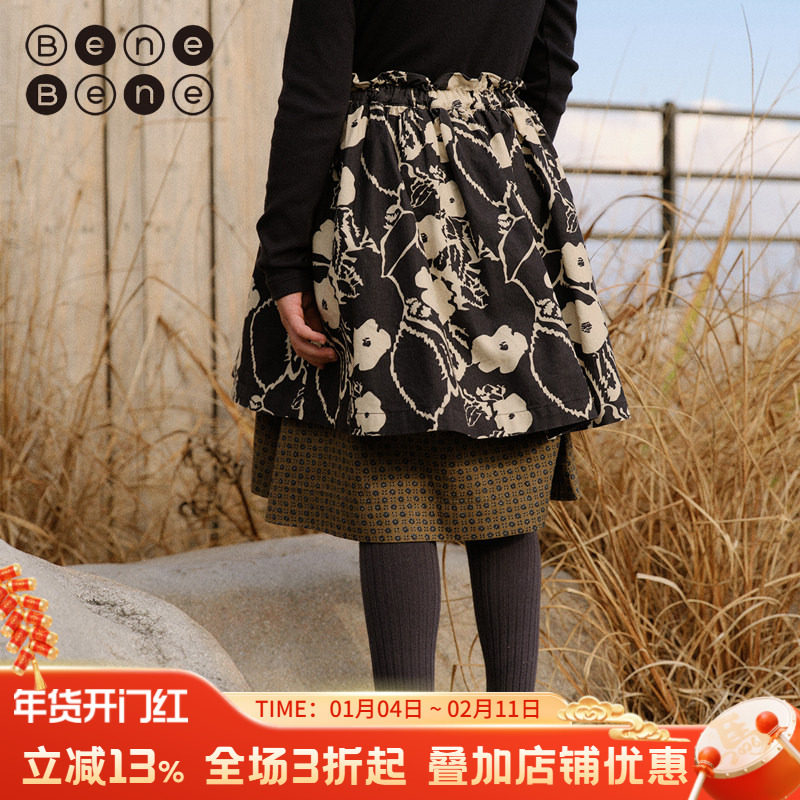 benebene灯芯绒A字版半身裙秋冬新款女童及膝裙婴儿女宝印花裙子